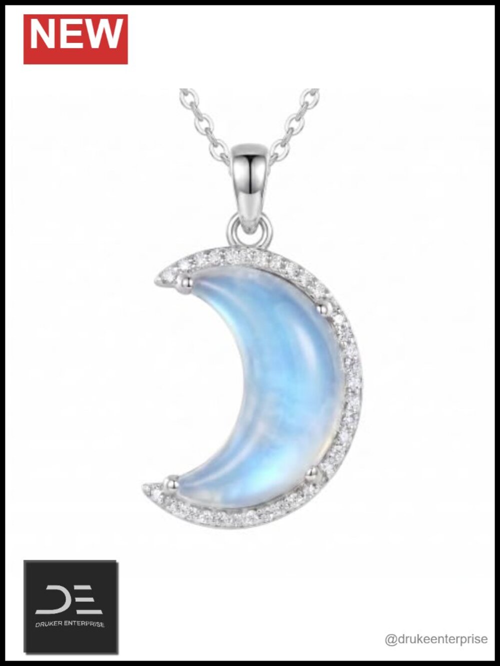 925 Sterling Silver Crescent Moonstone Pendant Necklace, Blue Rainbow Moonstone